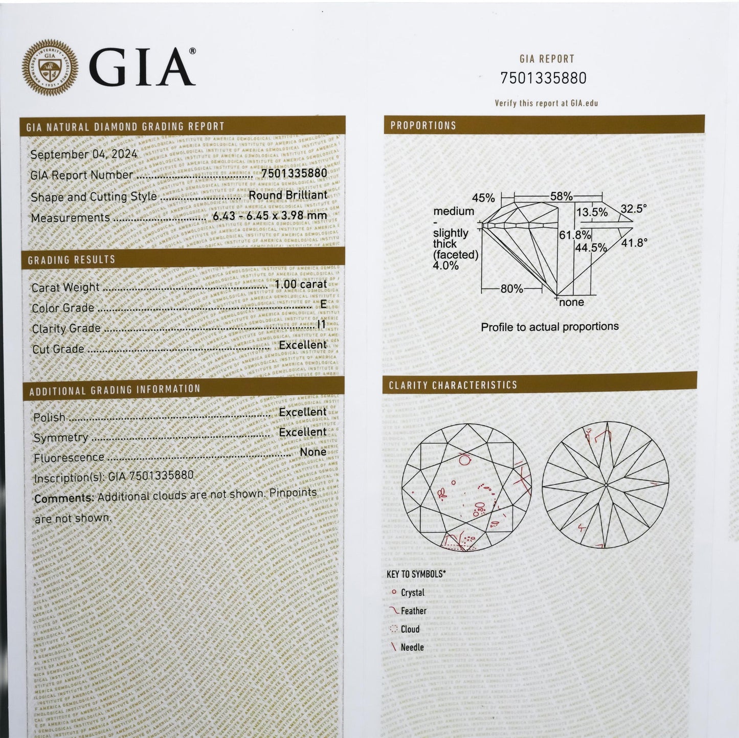 GIA Certified I1/E Round Cut Natural Diamond Loose Stone 1.00CT