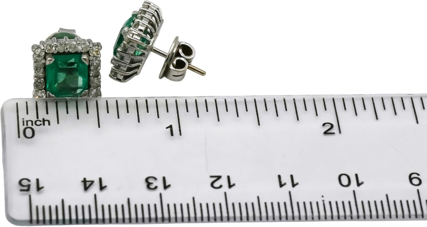 18k White Gold Diamond and Emerald Square Halo Stud Earrings 4.50CT