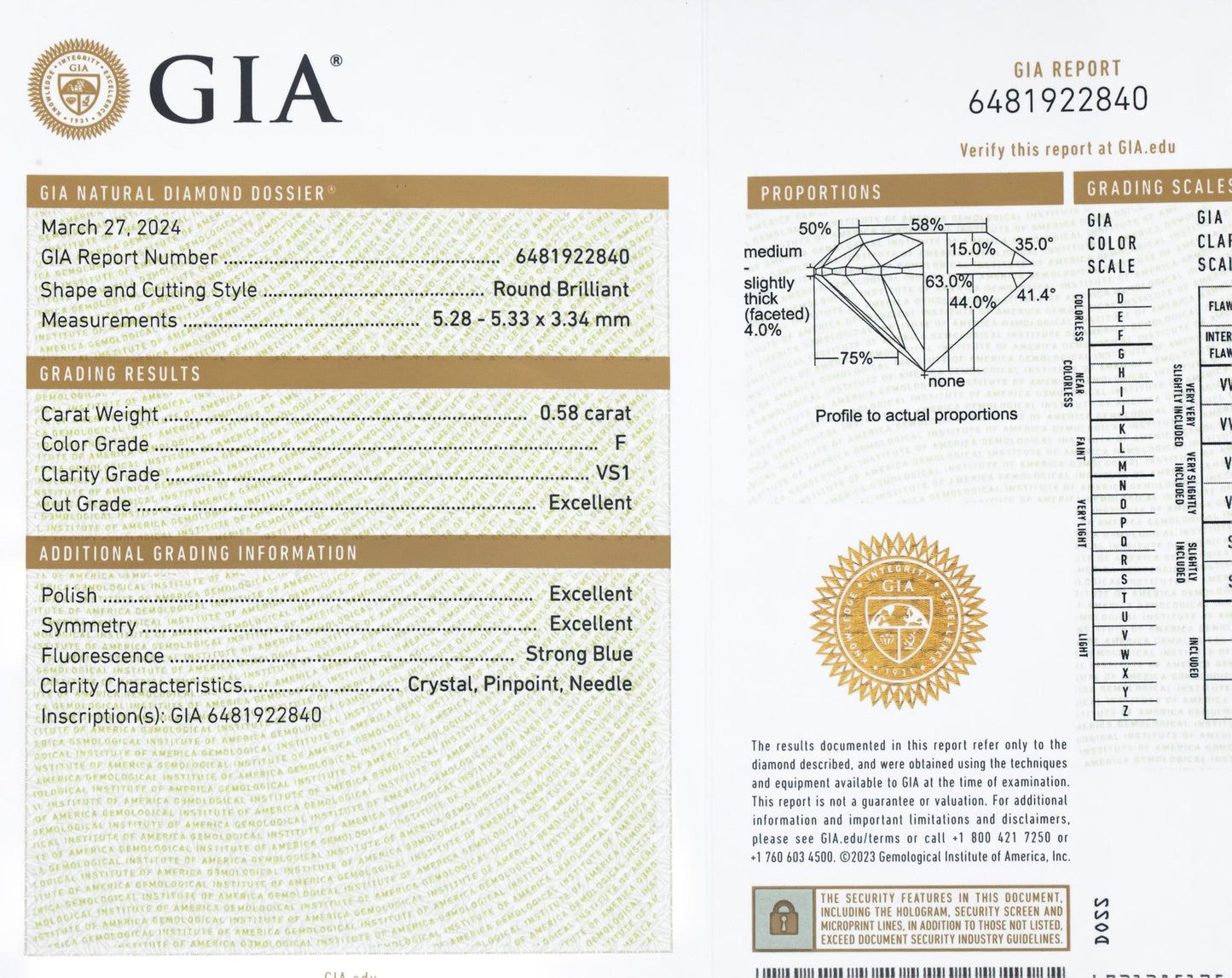 GIA Certified 0.58CT VS1/F Round Brilliant Cut Diamond w/ Report