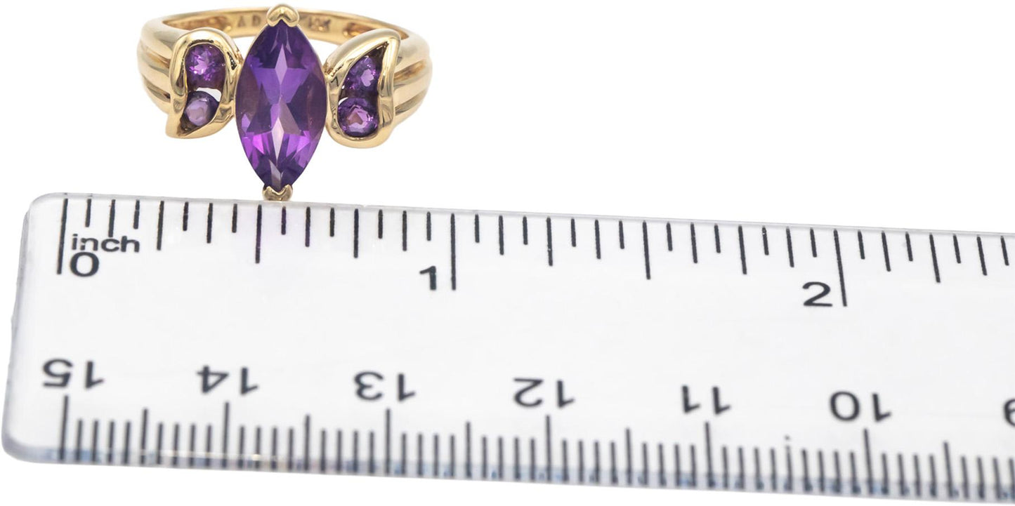 10k Yellow Gold Marquise and Round Amethyst Cocktail Ring 2.0CT Size 6