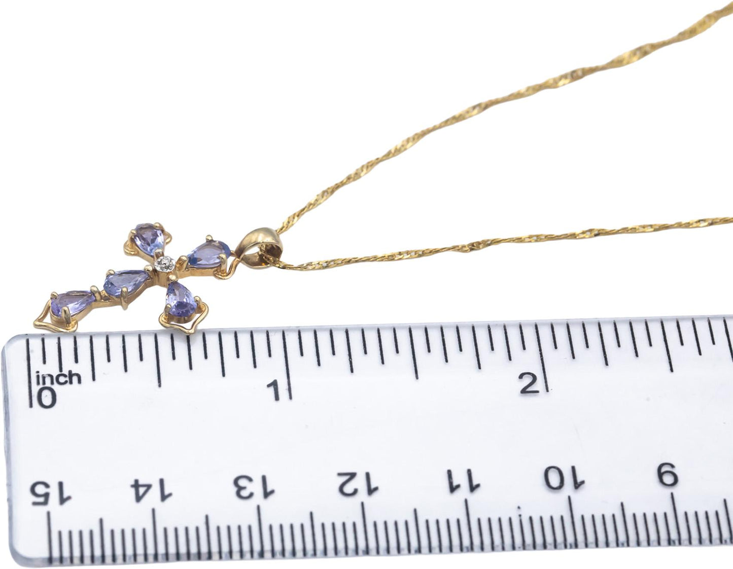 14k Yellow Gold 0.76CT Diamond and Tanzanite Cross Crucifix Pendant Necklace