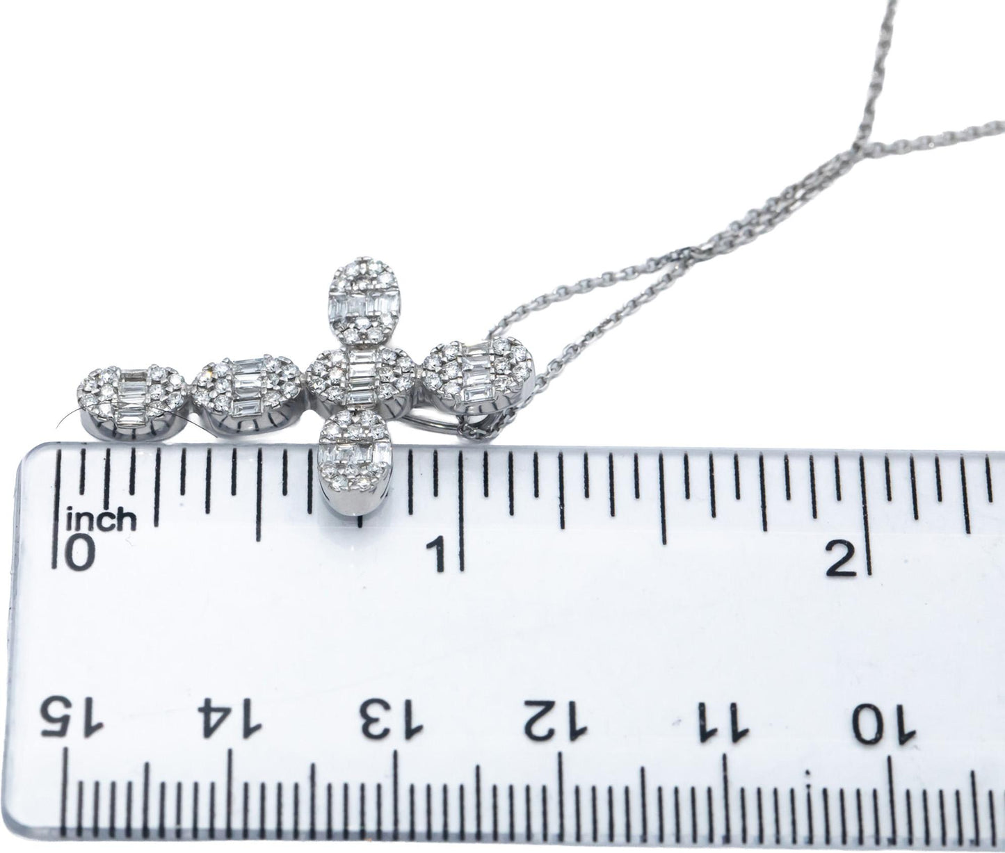 18k White Gold 1.0CT VS Baguette & Round Diamond Cross Crucifix Pendant Necklace