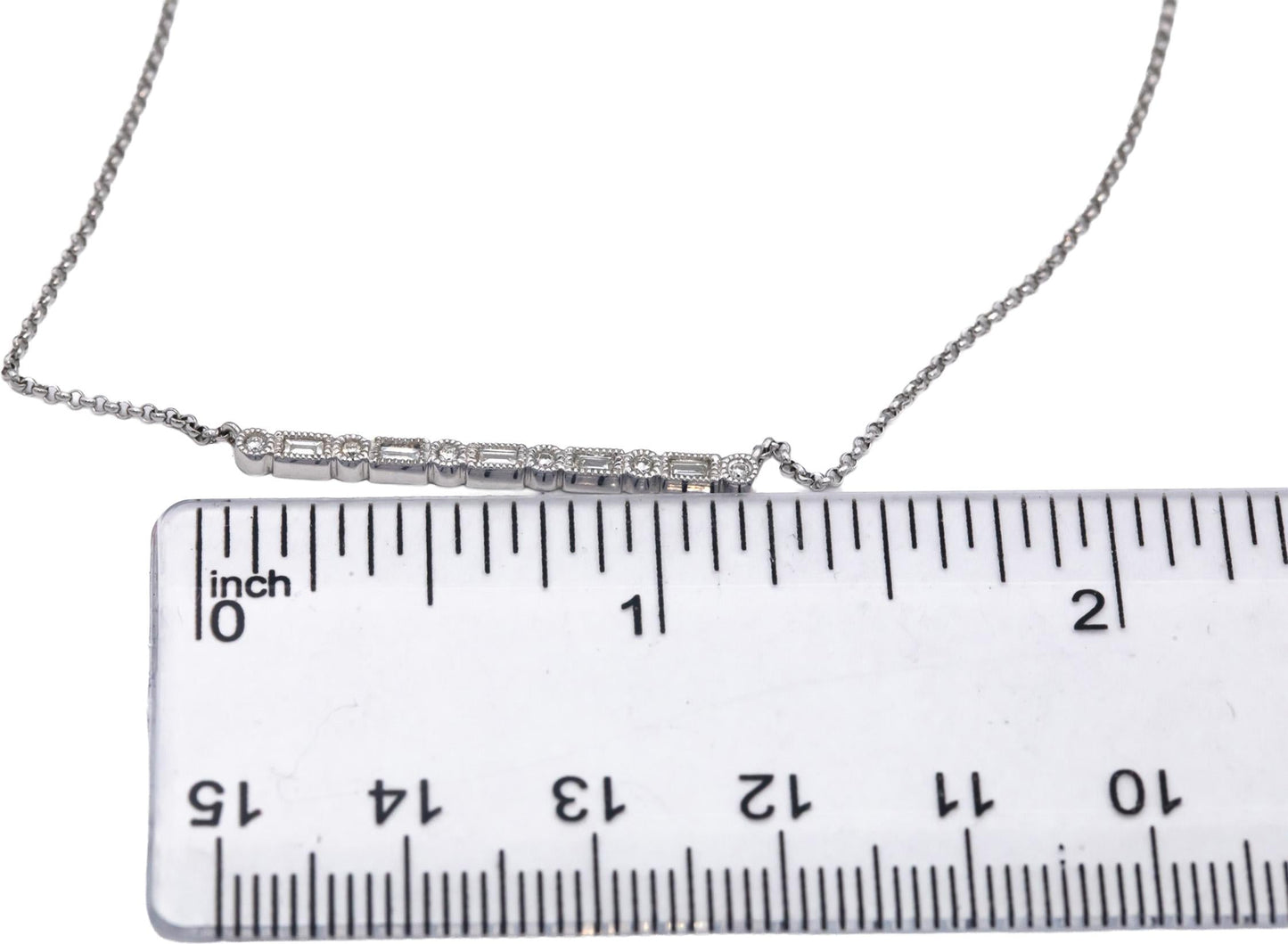 18k White Gold 0.15CT VS Round & Baguette Diamond Fixed Bar Pendant Necklace