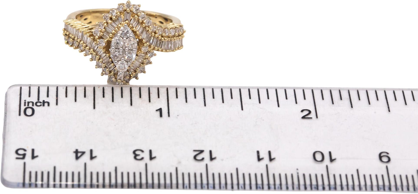 10k Yellow Gold Round & Baguette Cut Diamond Marquise Shaped Ring 1.0CT Size 7