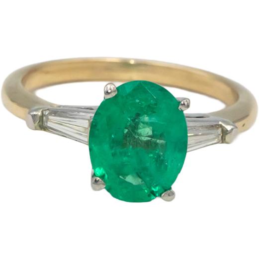 Oval Emerald & Baguette Cut Diamond 14k Yellow White Gold Ring 1.76CT Size 5.75