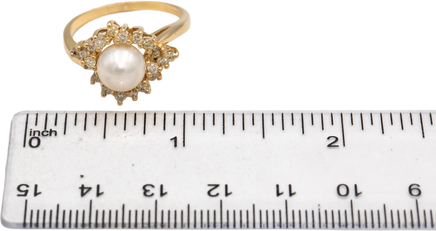 14k Yellow Gold Round Diamond & 8mm Pearl Cocktail Ring Size 9.5