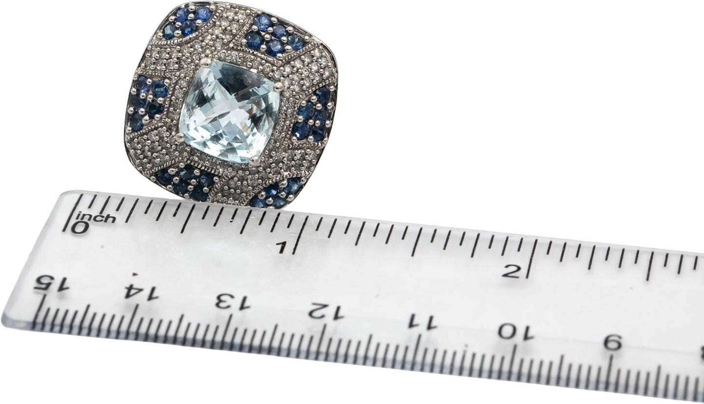 14k White Gold Aquamarine Diamond Sapphire Cluster Cocktail Ring 5.50CT Sz. 6.25