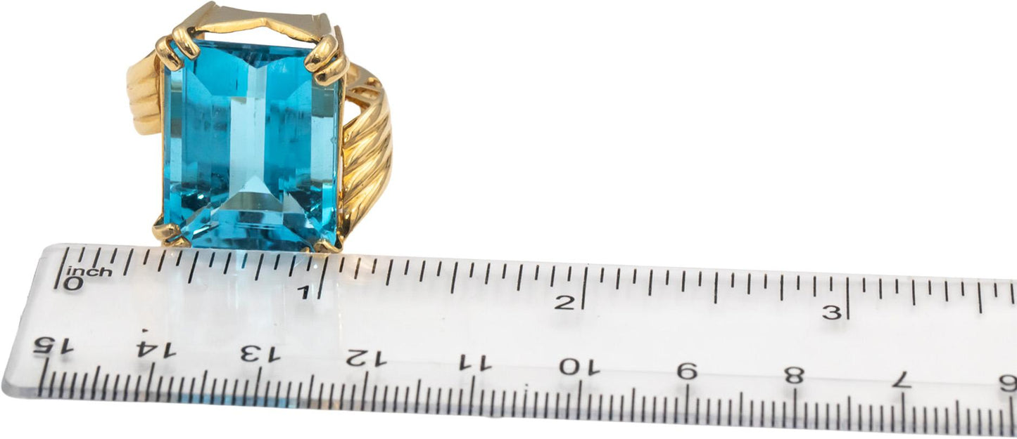 14k Yellow Gold Emerald Cut Blue Topaz Solitaire Cocktail Ring 42.0CT Size 7.5