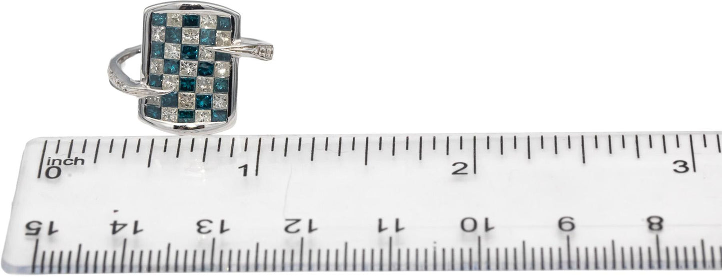 14k White Gold White & Blue Diamond Checkerboard Ring 1.0CT Size 7
