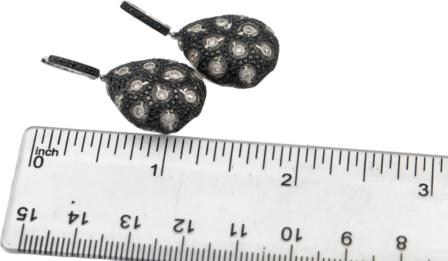 14k White Gold Round White & Black Diamond Cluster Drop Dangle Earrings 1.0CTW