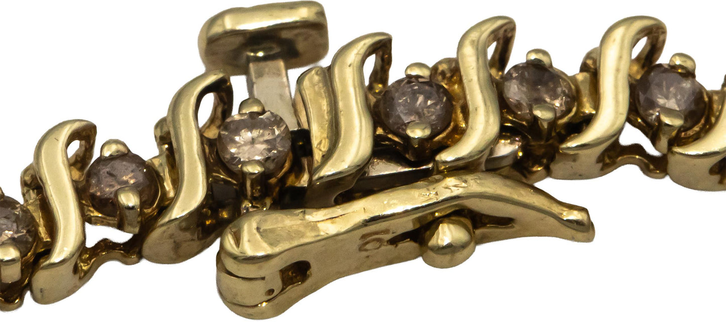 10k Yellow Gold Round Champagne Diamond S-Link Tennis Bracelet 1.50CTW