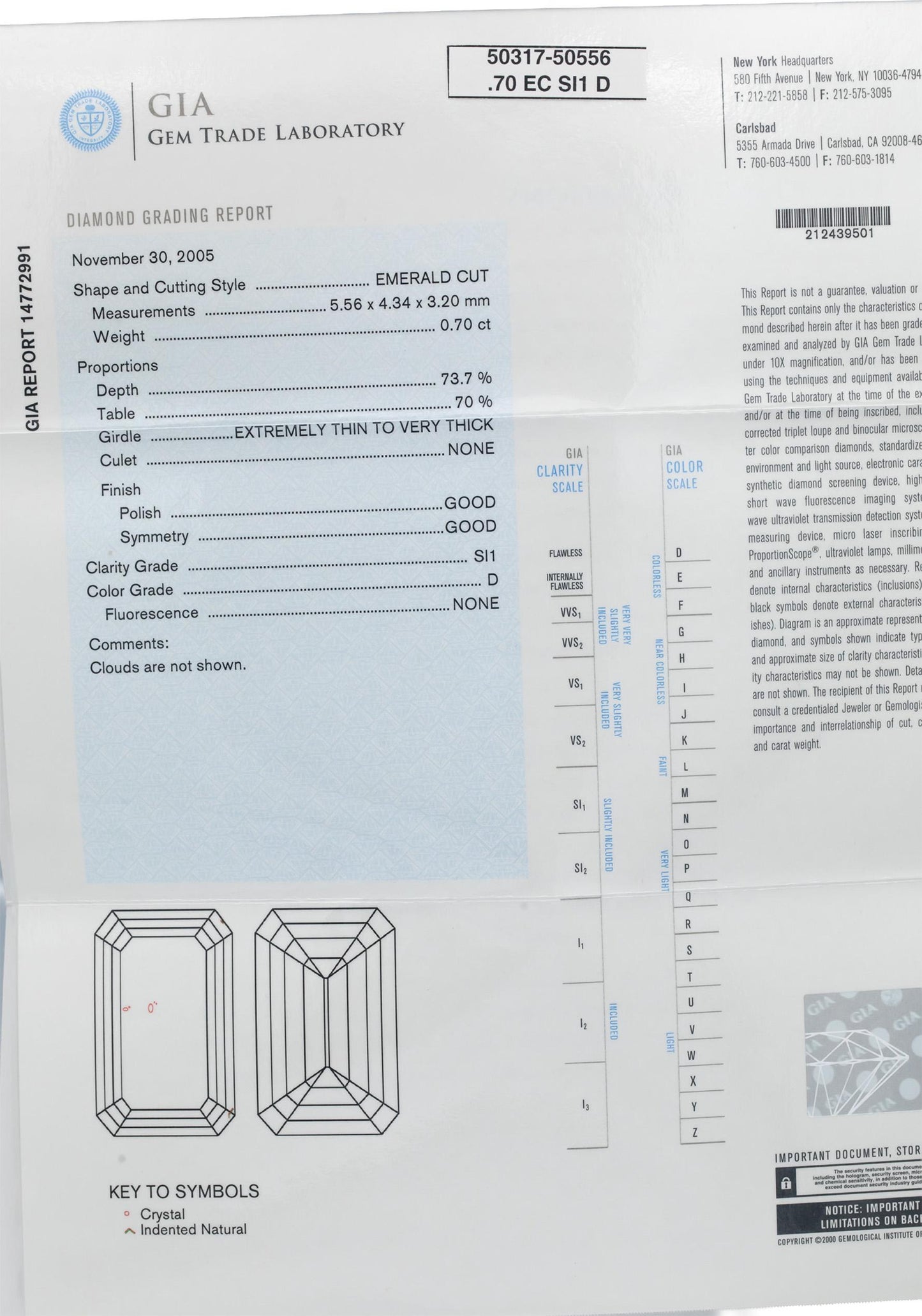 GIA Certified SI1/D Emerald Cut Diamond Loose Stone w/ Report 0.70CT