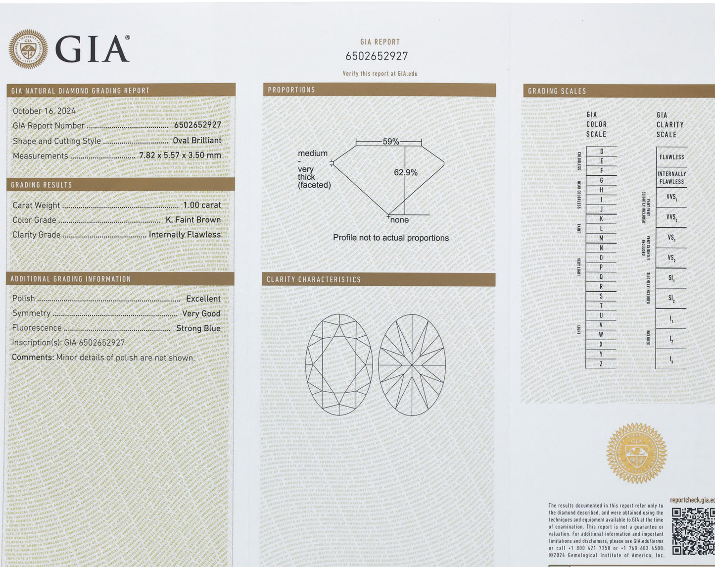 GIA Certified IF/K Oval Brilliant Cut Diamond w/ Report 1.00CT