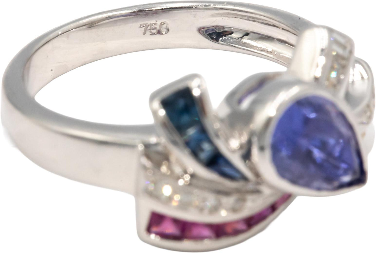 18k White Gold Diamond Tanzanite Sapphire Ruby Ribbon Ring 1.40CT Size 7