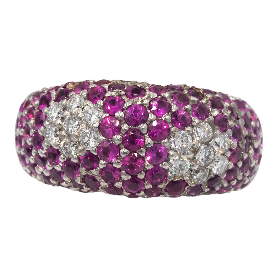 18k White Gold 1.50CT VS Diamond and Ruby Cluster Dome Ring Size 5.75