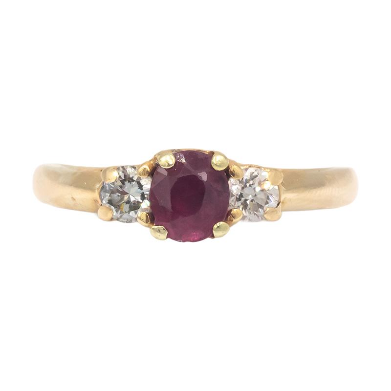 14k Yellow Gold Diamond and Ruby Three Stone Ring 0.80CT Size 7.5