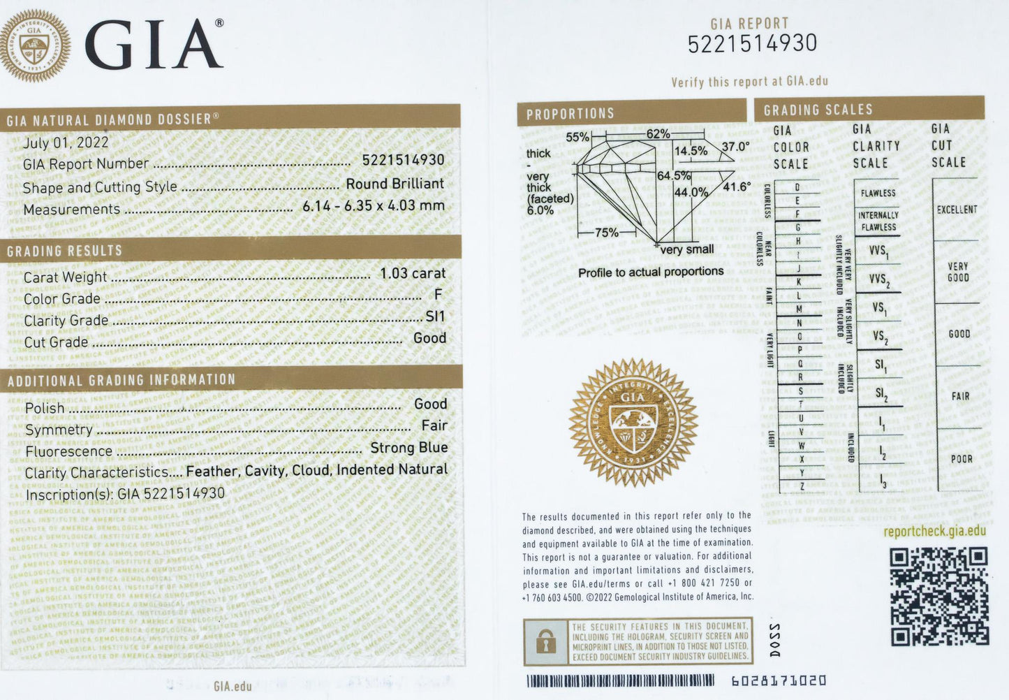 GIA Certified SI1/F Round Brilliant Loose Diamond w/ Report 1.03CT