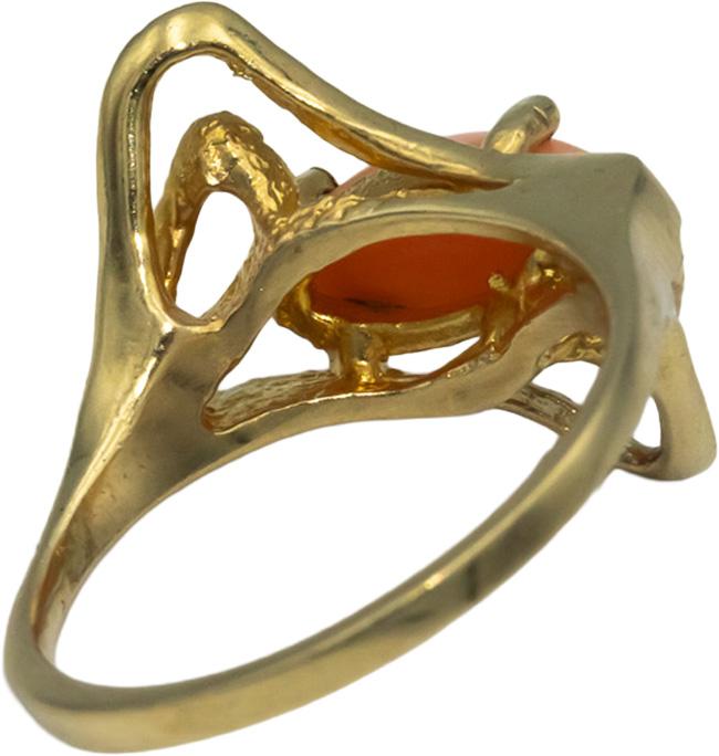 14k Yellow Gold Cabochon Pink Coral Solitaire Ring Size 5.75