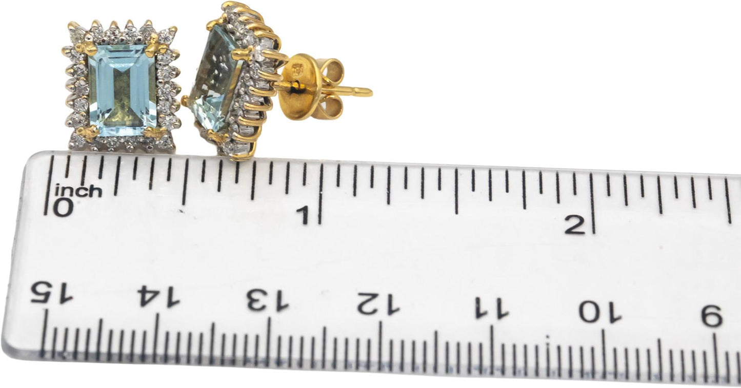 CGL Certified 10k Yellow Gold Diamond and Aquamarine Halo Stud Earrings 5.45CT