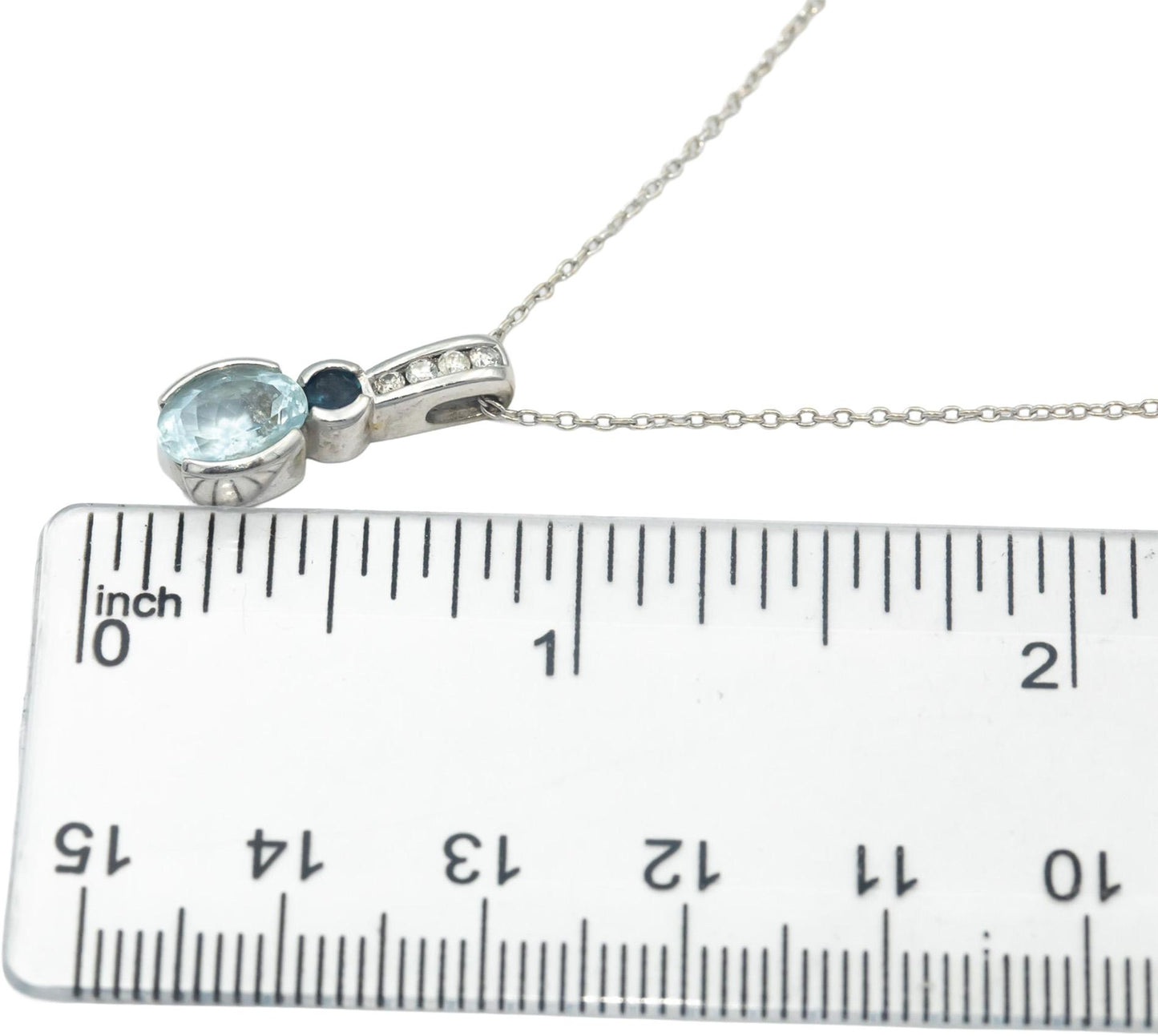 14k White Gold 1.16CT Diamond Aquamarine Sapphire Pendant Necklace Chain