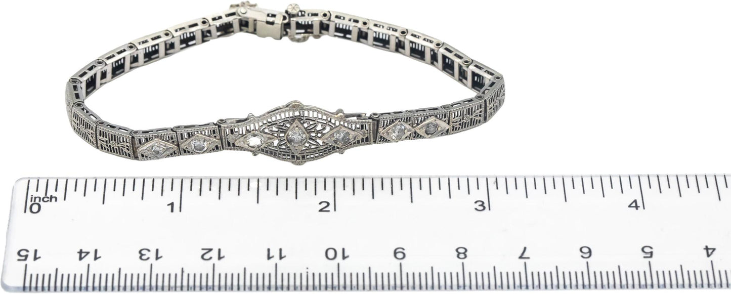 Vintage Antique 10k White Gold Diamond Filigree Fancy Link Bracelet 0.50CT