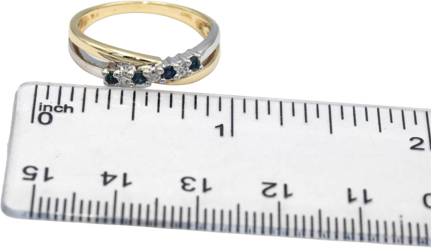 Diamond and Sapphire 10k Yellow & White Gold Crossover Band Ring 0.20CT Size 7