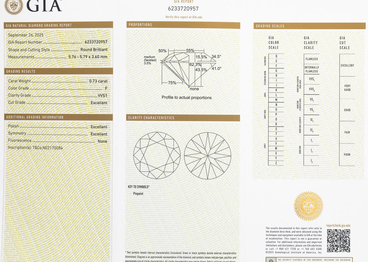 TIFFANY & CO. GIA Certified Platinum VVS1/F Diamond Engagement Ring .73CT Size 6