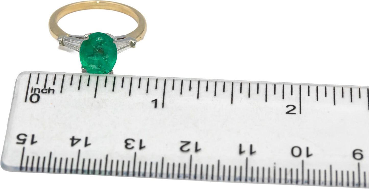 Oval Emerald & Baguette Cut Diamond 14k Yellow White Gold Ring 1.76CT Size 5.75