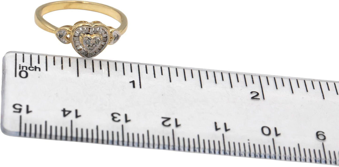 10k Yellow Gold Round & Baguette Cut Diamond Heart Ring 0.15CT Size 7.25