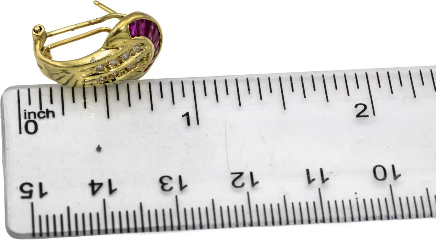 14k Yellow Gold Round Diamond Baguette Cut Ruby Dangle Earrings 0.90CTW