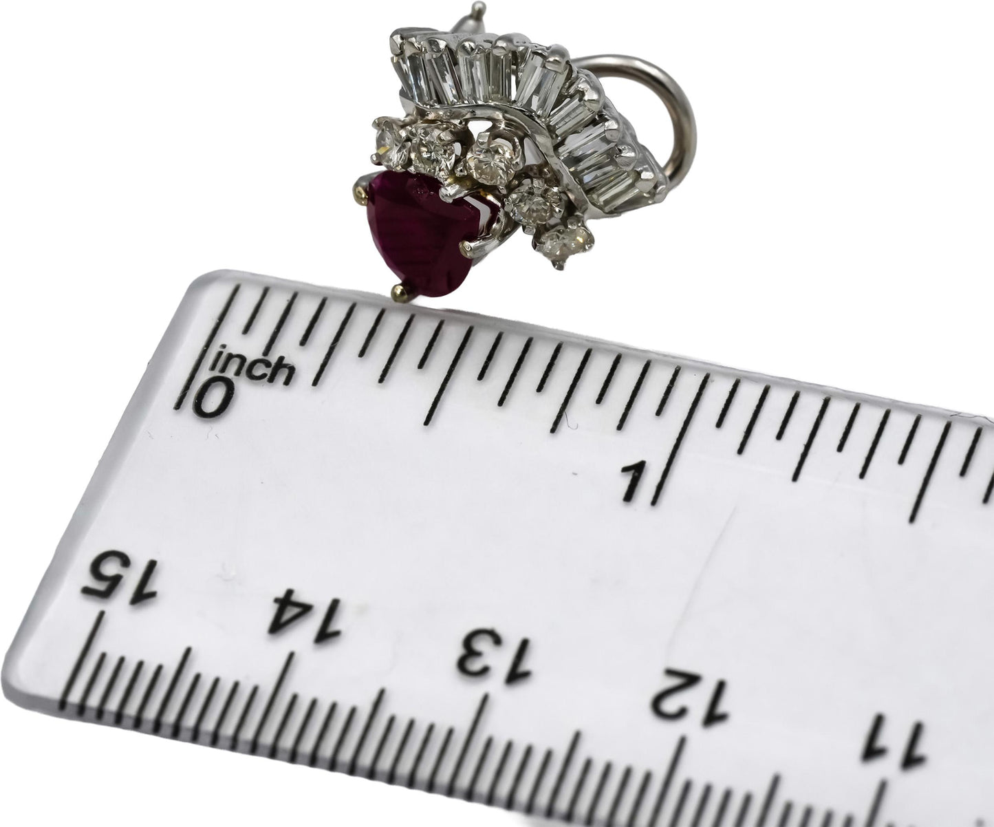 14k White Gold Round and Baguette Diamond and Pear Ruby Earrings 3.50CT