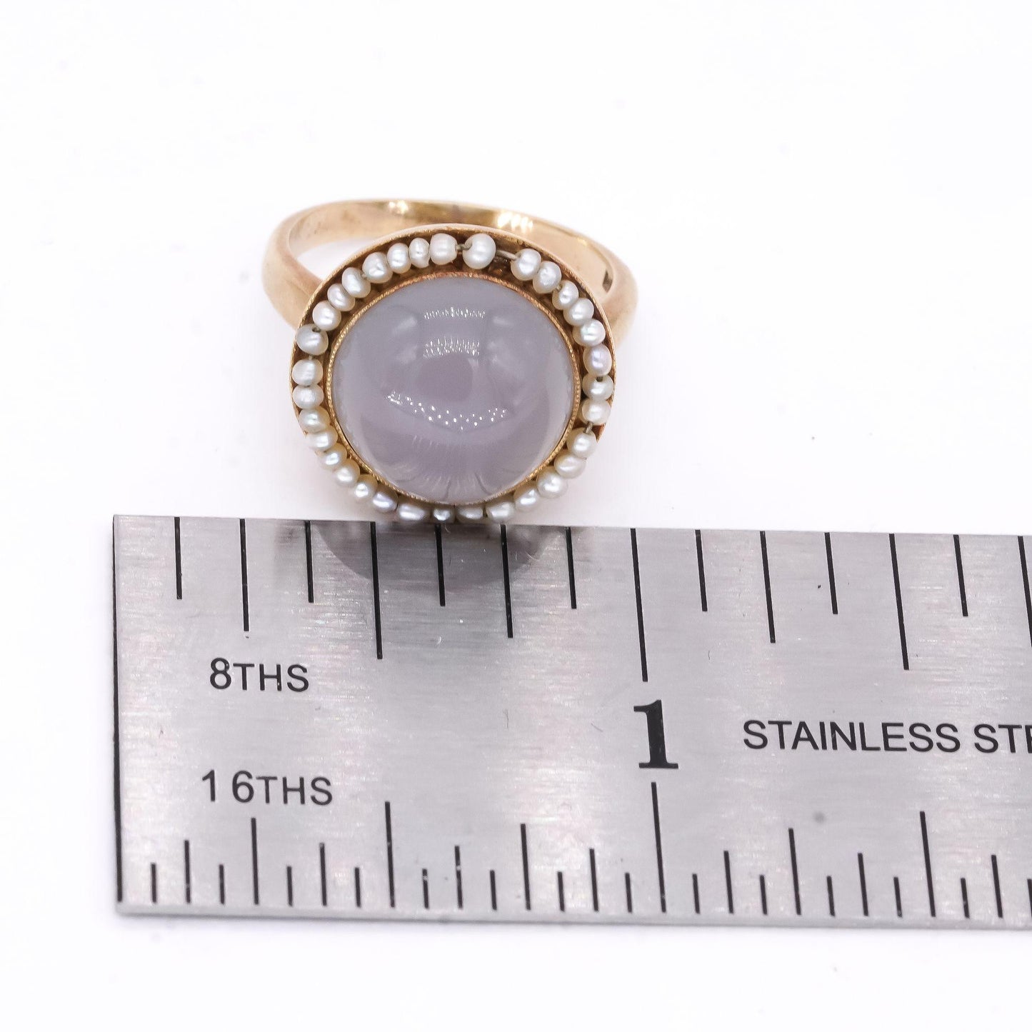 14k Yellow Gold Vintage Chrysoberyl & Seed Pearl Button Ring Size 5.25