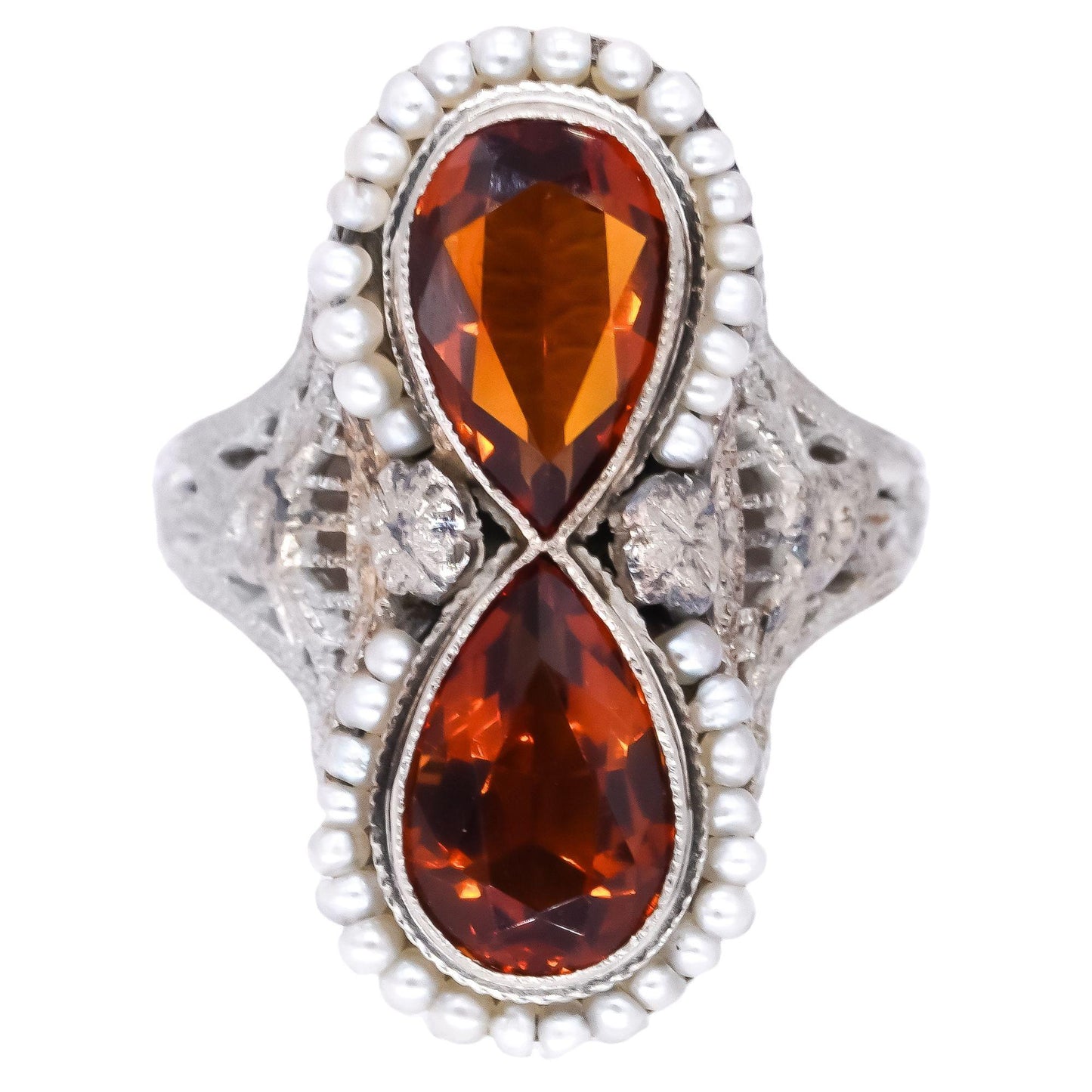 18k White Gold Vintage Citrine & Seed Pearl Filigree Cocktail Ring Size 4