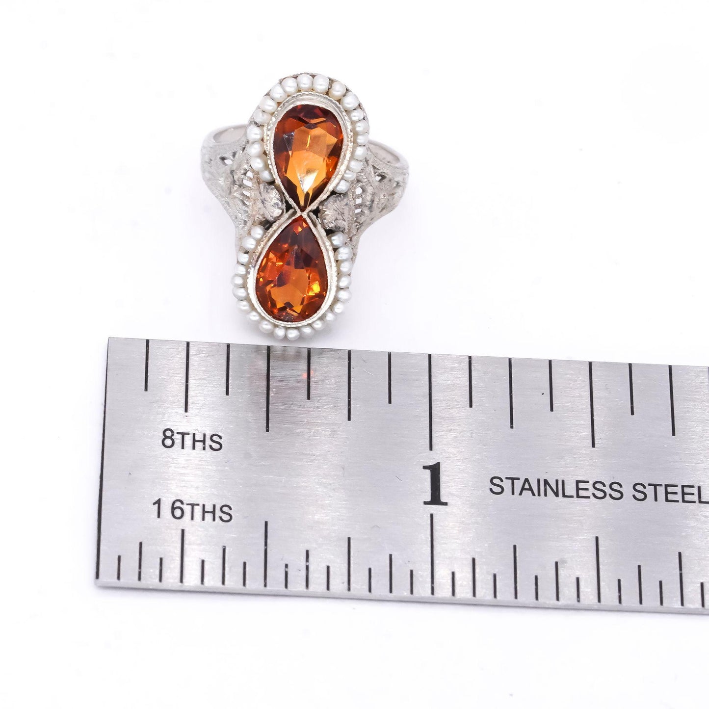 18k White Gold Vintage Citrine & Seed Pearl Filigree Cocktail Ring Size 4