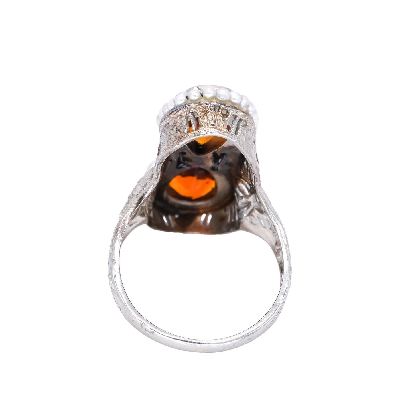 18k White Gold Vintage Citrine & Seed Pearl Filigree Cocktail Ring Size 4