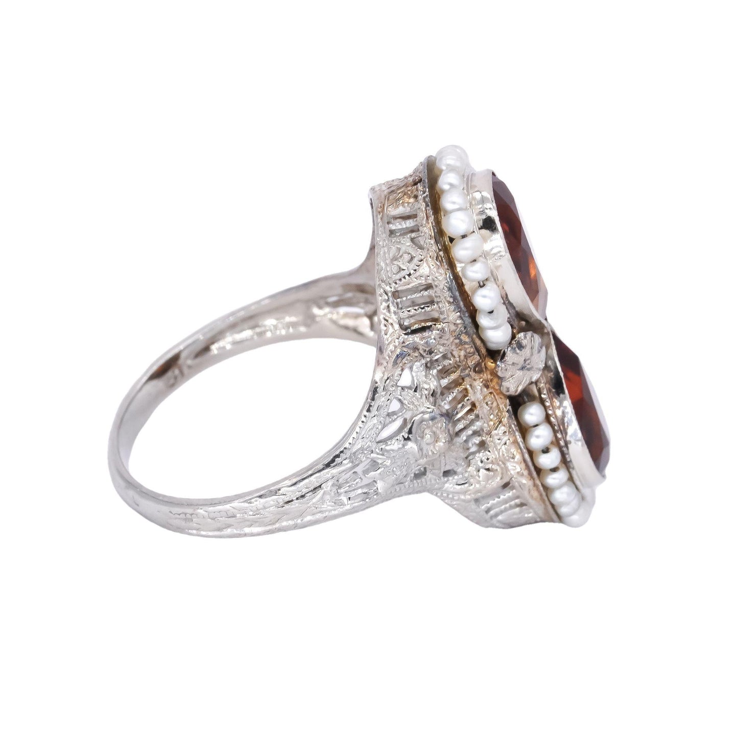 18k White Gold Vintage Citrine & Seed Pearl Filigree Cocktail Ring Size 4