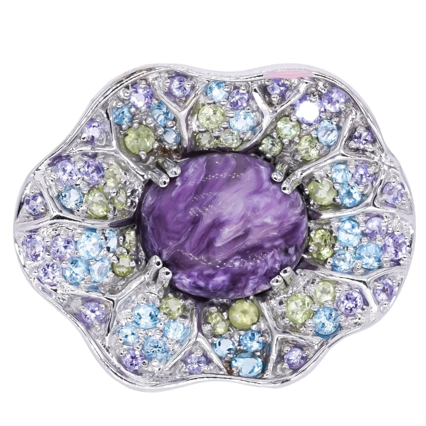 Jumbo 14K White Gold Jewelry Zoisite Charoite Topaz Jumbo Flower Ring Size 5.25