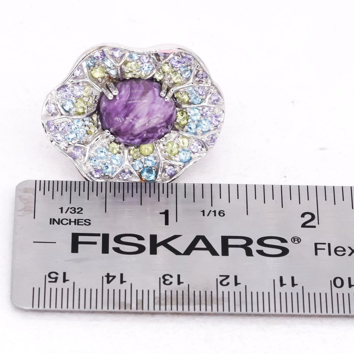 Jumbo 14K White Gold Jewelry Zoisite Charoite Topaz Jumbo Flower Ring Size 5.25