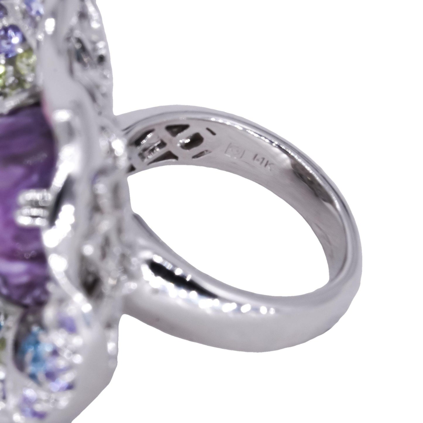 Jumbo 14K White Gold Jewelry Zoisite Charoite Topaz Jumbo Flower Ring Size 5.25