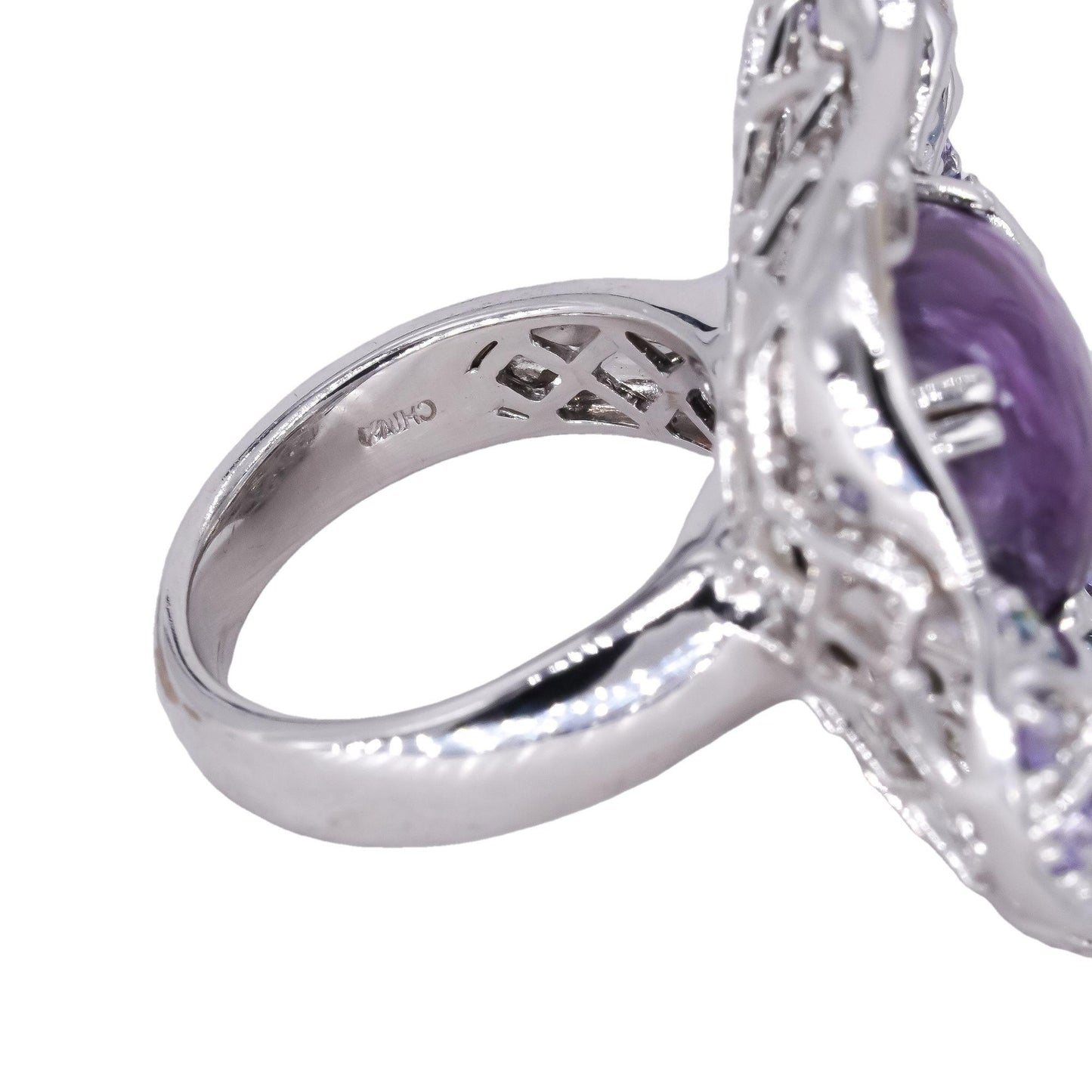 Jumbo 14K White Gold Jewelry Zoisite Charoite Topaz Jumbo Flower Ring Size 5.25