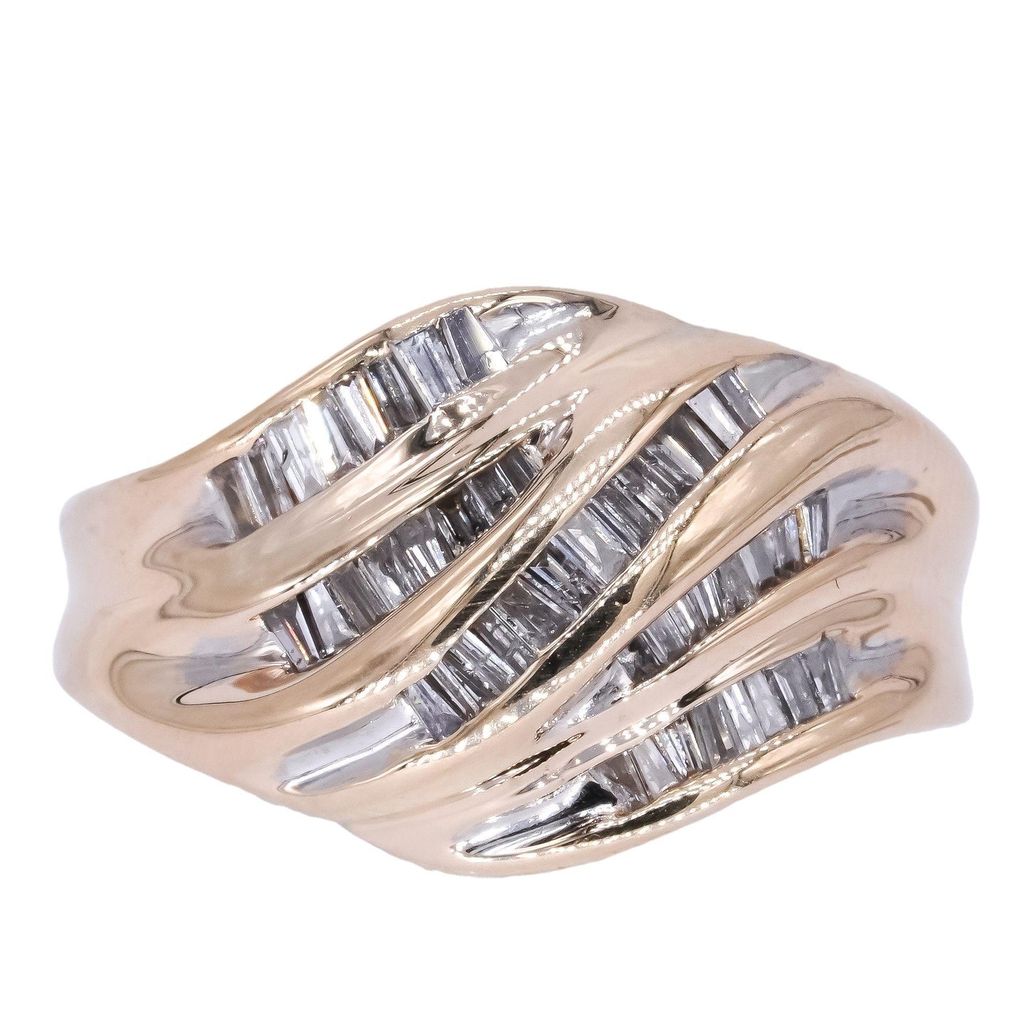 14k Yellow Gold 0.45CT Diamond Cluster Ribbed Cocktail Ring size 6.75