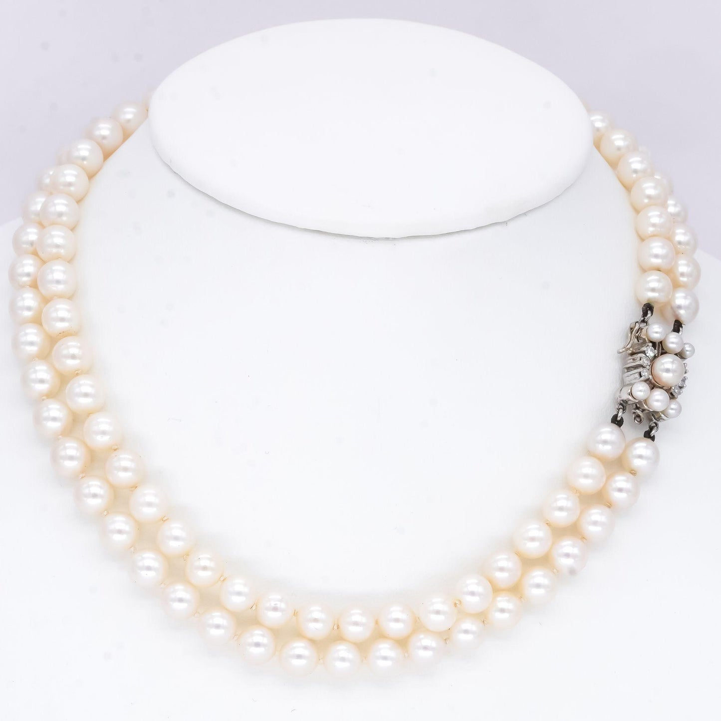 Vintage 14k White Gold 0.20CT VS Diamond & Pearl Double Strand Necklace