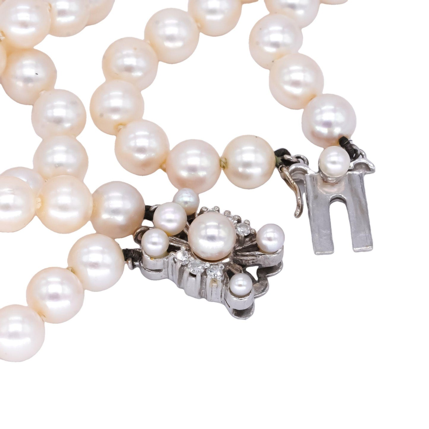Vintage 14k White Gold 0.20CT VS Diamond & Pearl Double Strand Necklace