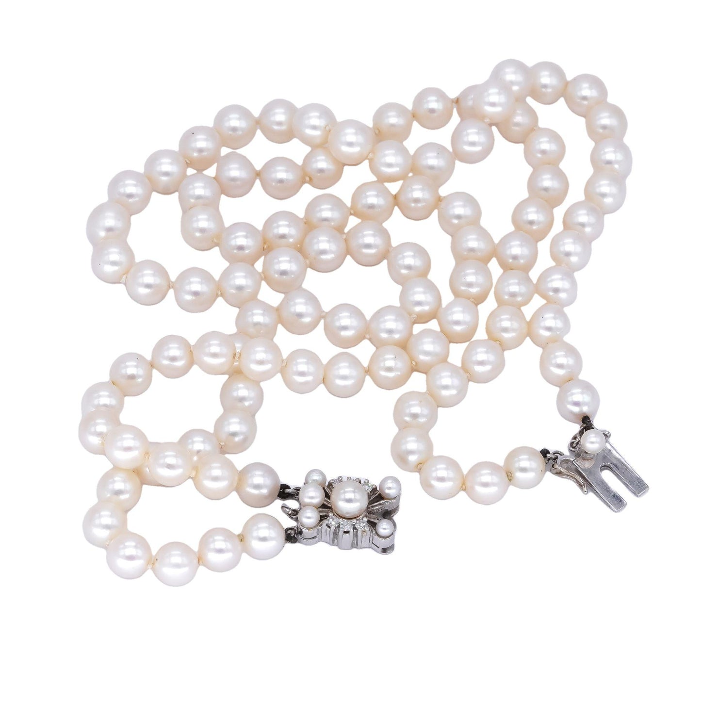 Vintage 14k White Gold 0.20CT VS Diamond & Pearl Double Strand Necklace