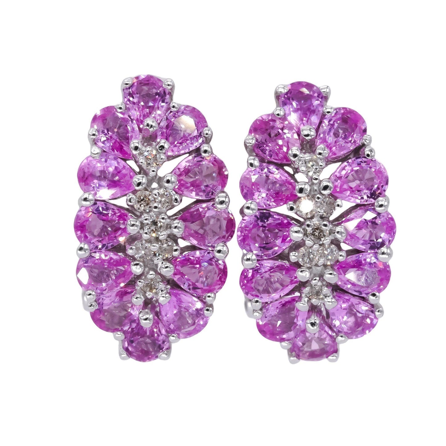 14k White Gold 2.60CT Diamond and Pink Sapphire Cluster Curved Earrings