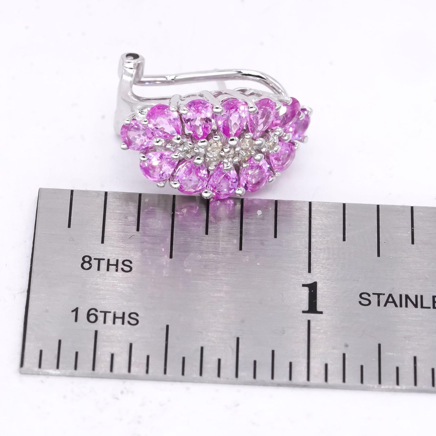 14k White Gold 2.60CT Diamond and Pink Sapphire Cluster Curved Earrings