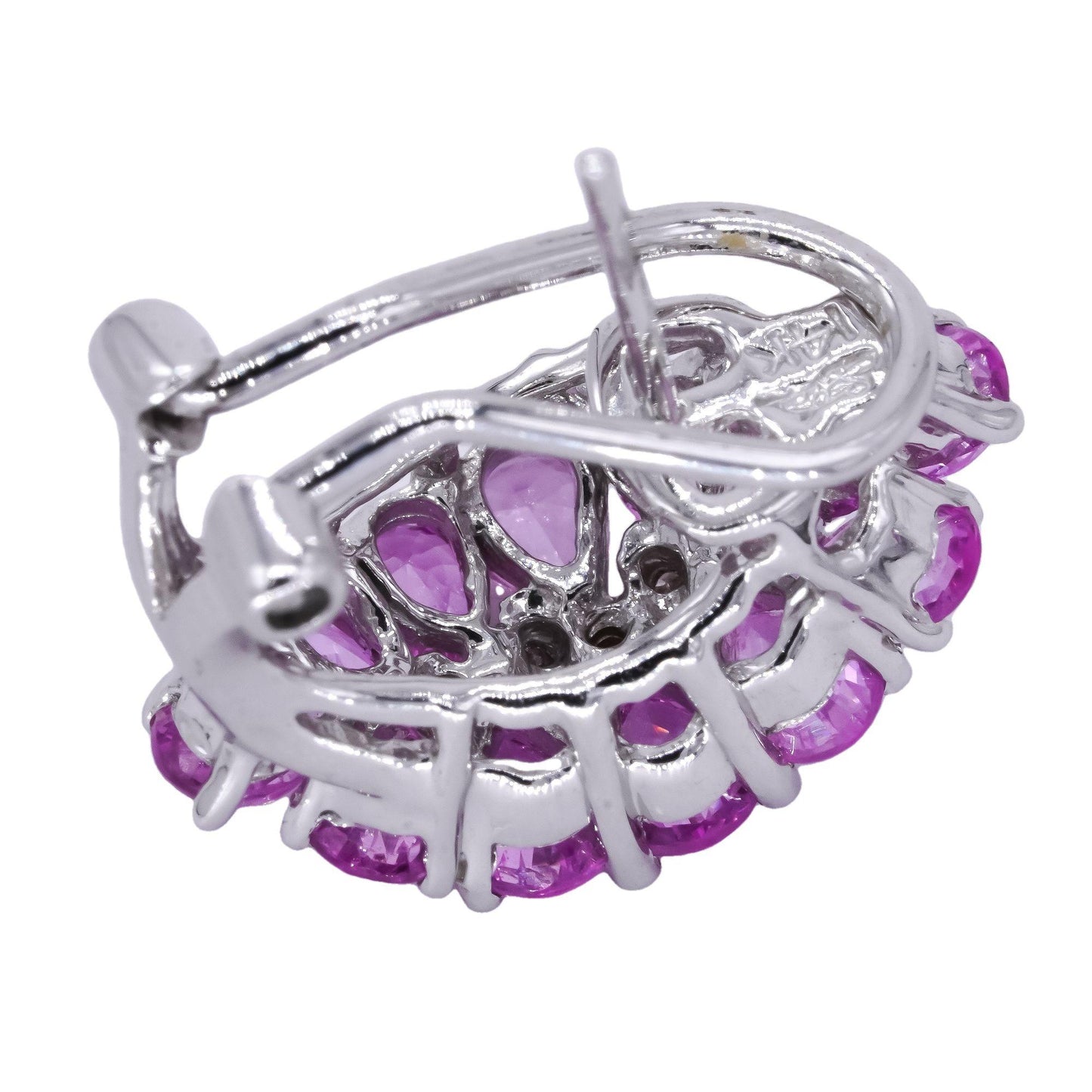 14k White Gold 2.60CT Diamond and Pink Sapphire Cluster Curved Earrings