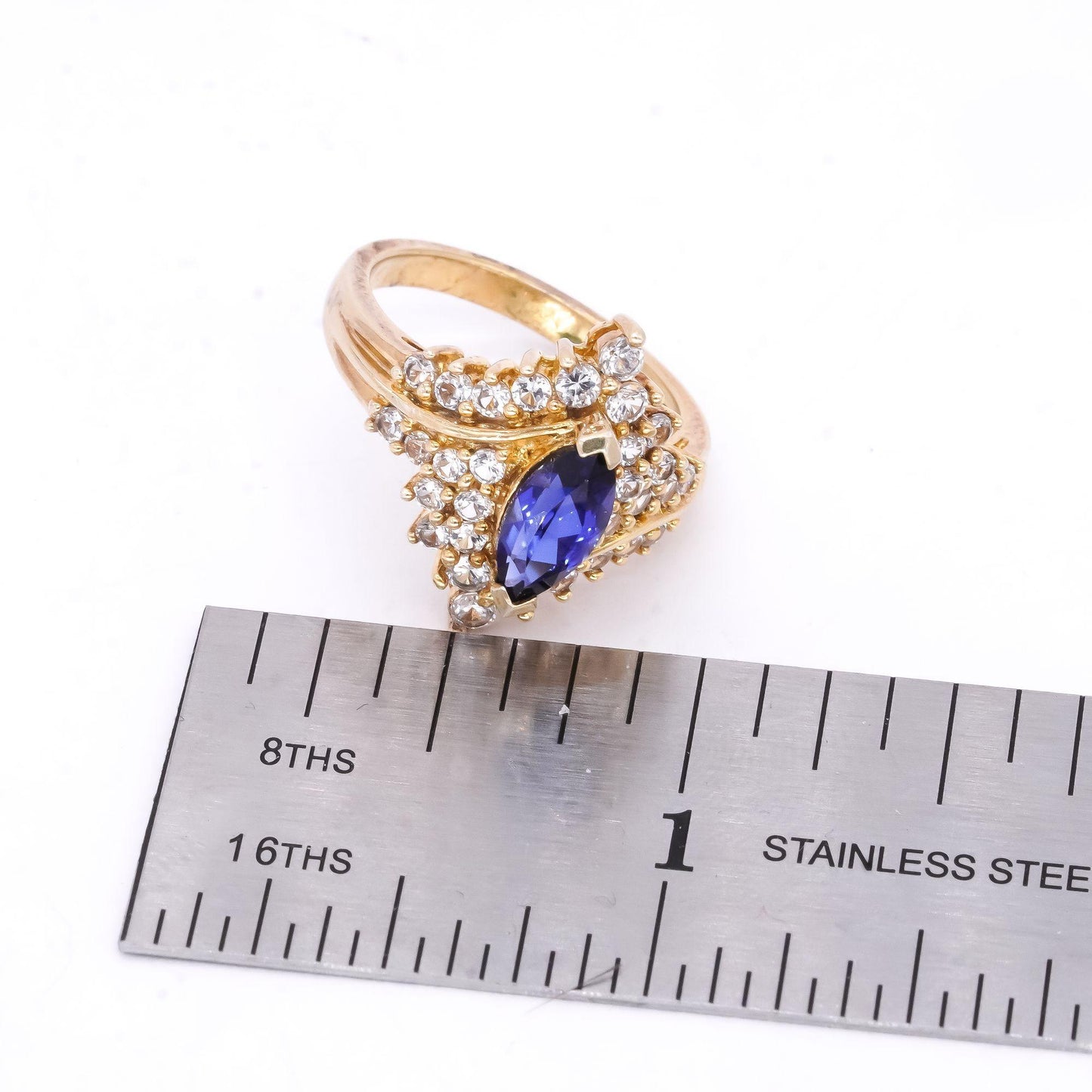 Sterling Silver Gold Plate 2.0CT Blue and White Sapphire Cocktail Ring sz 7.25