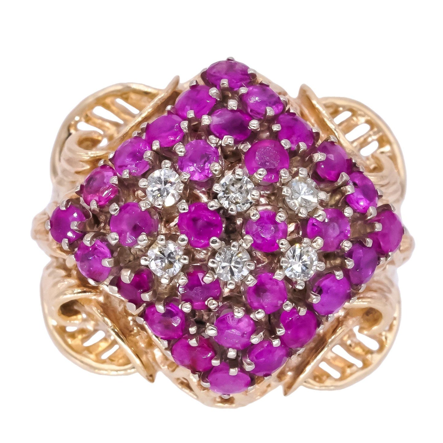 14k Yellow Gold 1.20CT VS Diamond and Ruby Cluster Dome Pave Ring size 7.25