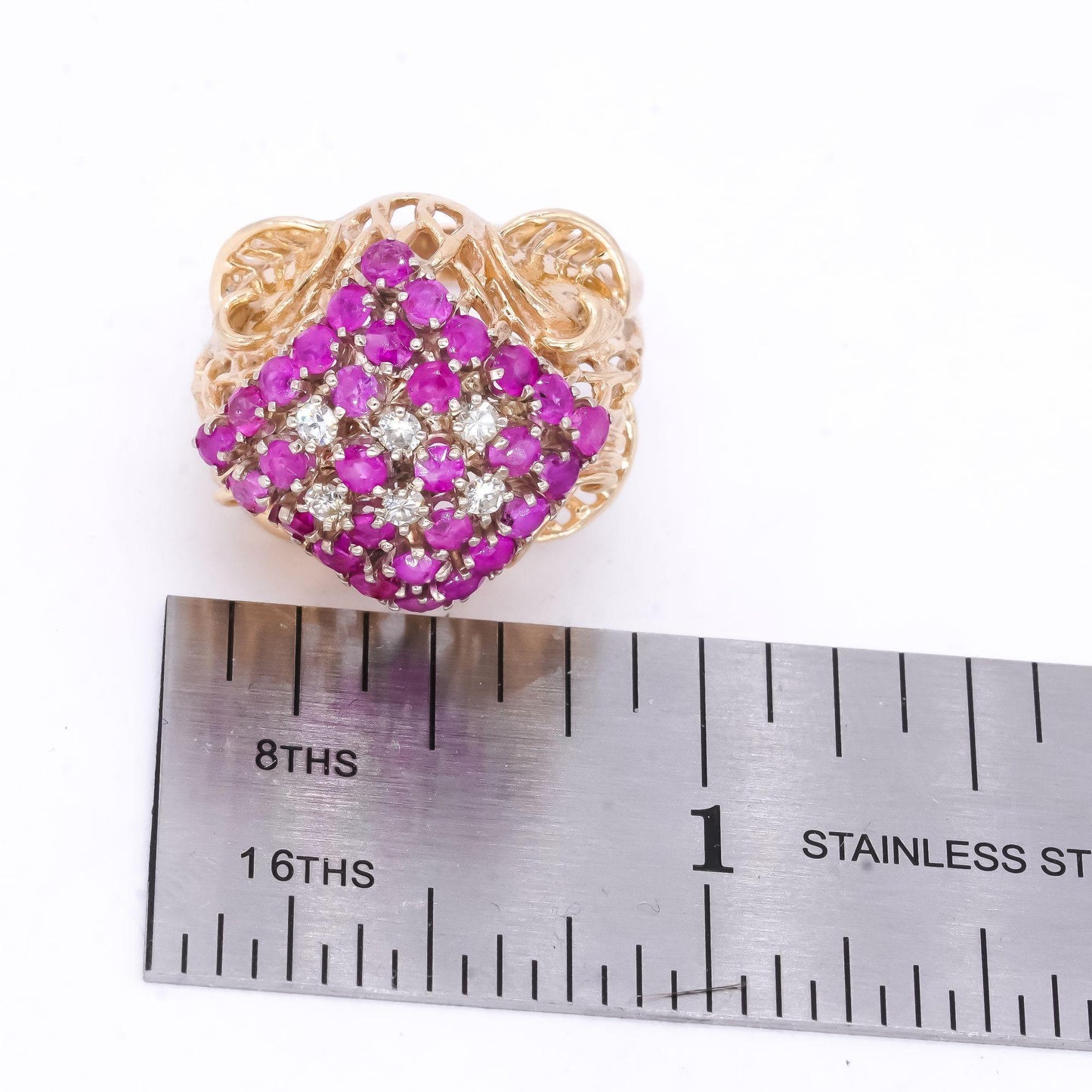 14k Yellow Gold 1.20CT VS Diamond and Ruby Cluster Dome Pave Ring size 7.25
